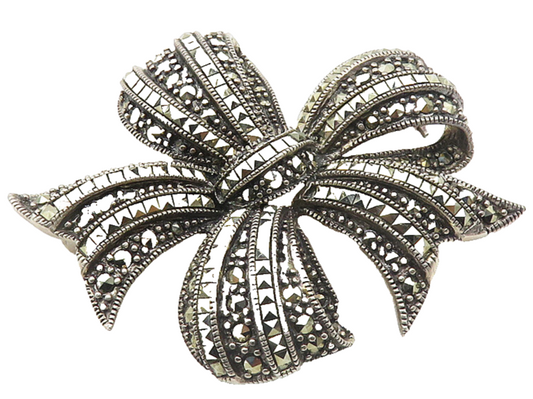 925 Sterling Silver  Vintage Marcasite Bow Tied Ribbon Brooch Pin  BP4167