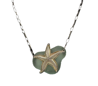 925 Sterling Silver  Vintage Green Stone Starfish Motif Chain Necklace  NE3390