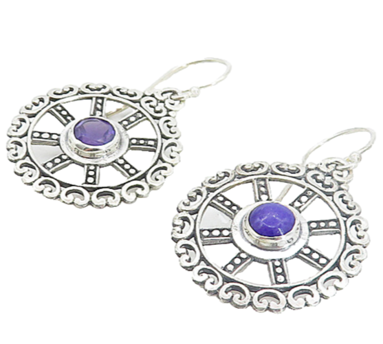 925 Sterling Silver  Amethyst Round Open Design Shiny Dangle Earrings  EG3798
