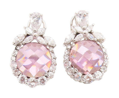 925 Sterling Silver Vintage Earrings Round Pink & White CZ Floral Design EG13396