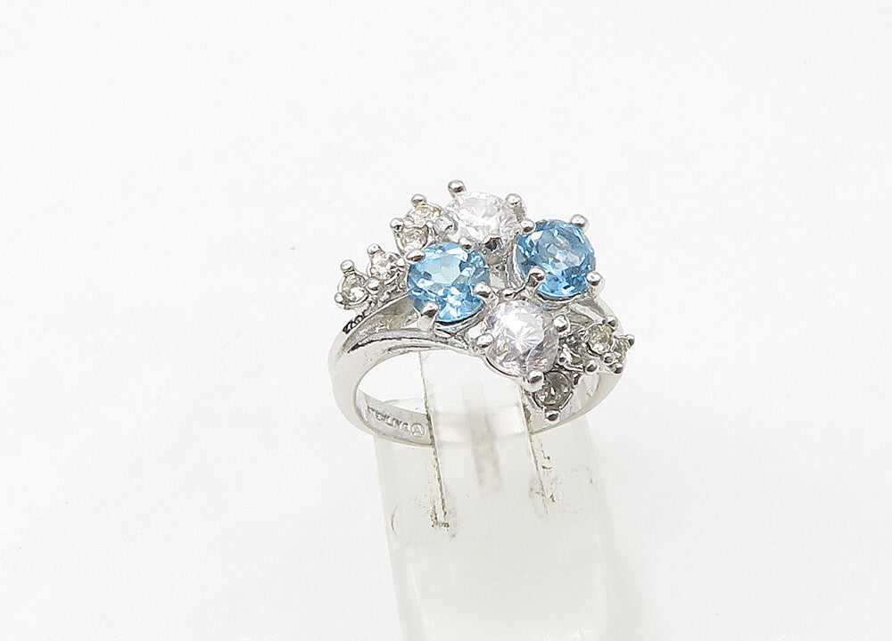 925 Silver  Vintage Blue Topaz & Cubic Zirconia Floral Band Ring Sz 6  RG21522
