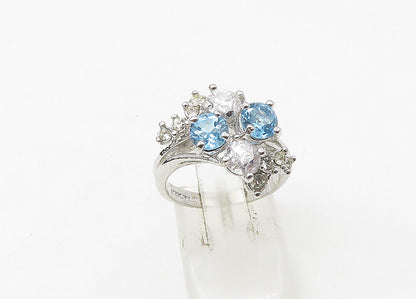925 Silver  Vintage Blue Topaz & Cubic Zirconia Floral Band Ring Sz 6  RG21522