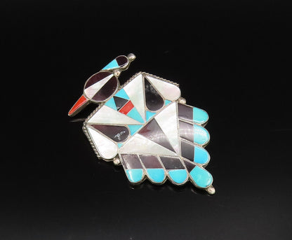 ZUNI NAVAJO 925 Silver  Vintage Onyx & Stones Peyote Bird Brooch Pin  BP10045