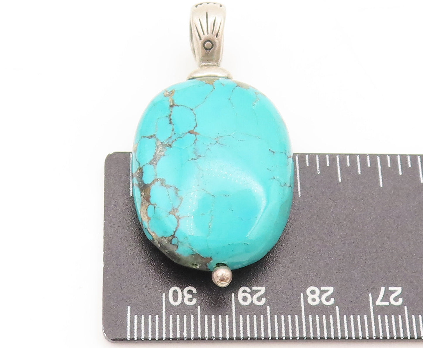 925 Sterling Silver  Vintage Solid Oval Turquoise Drop Etched Pendant  PT22357
