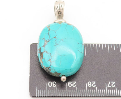 925 Sterling Silver  Vintage Solid Oval Turquoise Drop Etched Pendant  PT22357