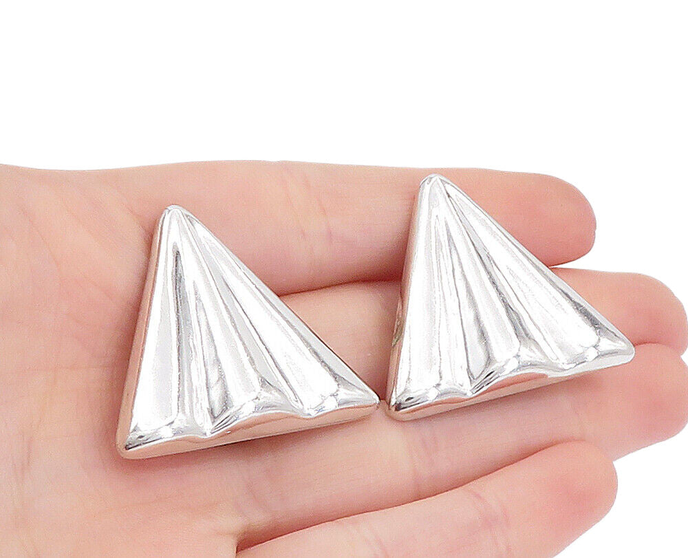 MEXICO 925 Silver  Vintage Shiny Fluted Triangle Non Pierce Earrings  EG2868