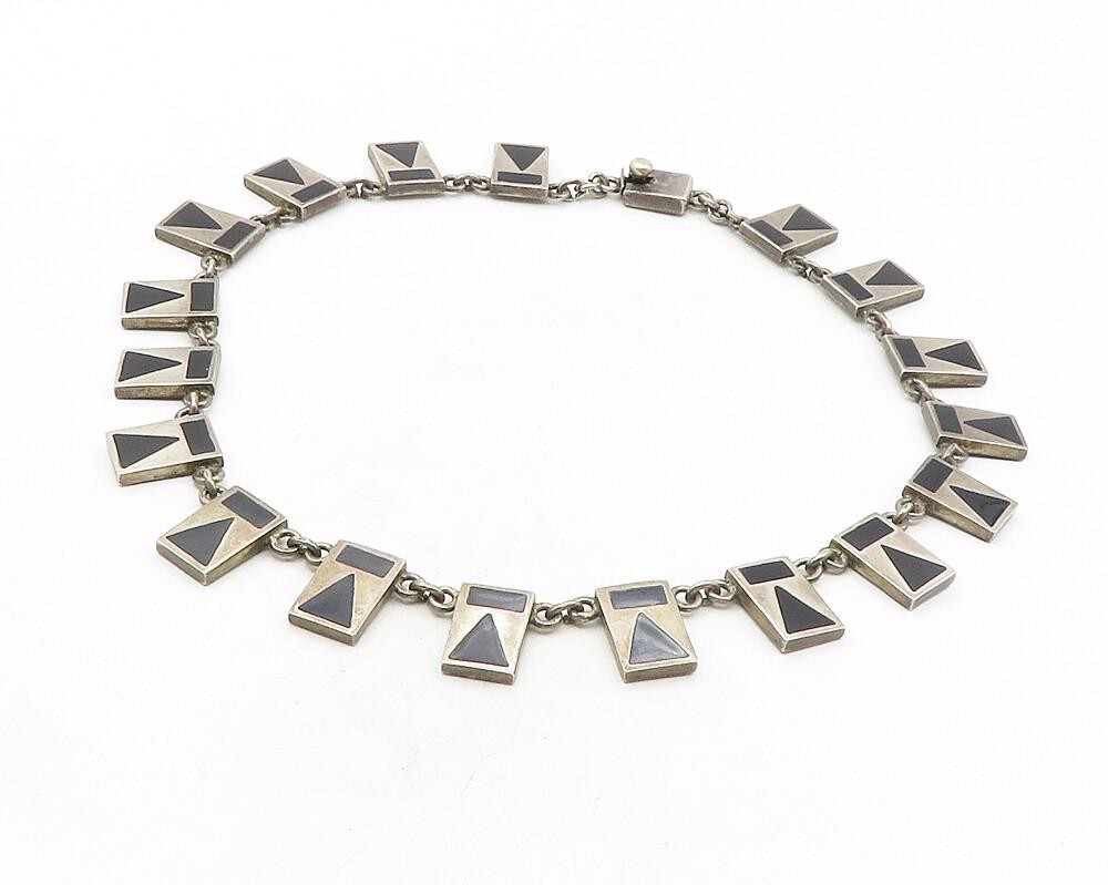 MEXICO 925 Sterling Silver Vintage Inlaid Black Stone Chain Necklace  NE1967