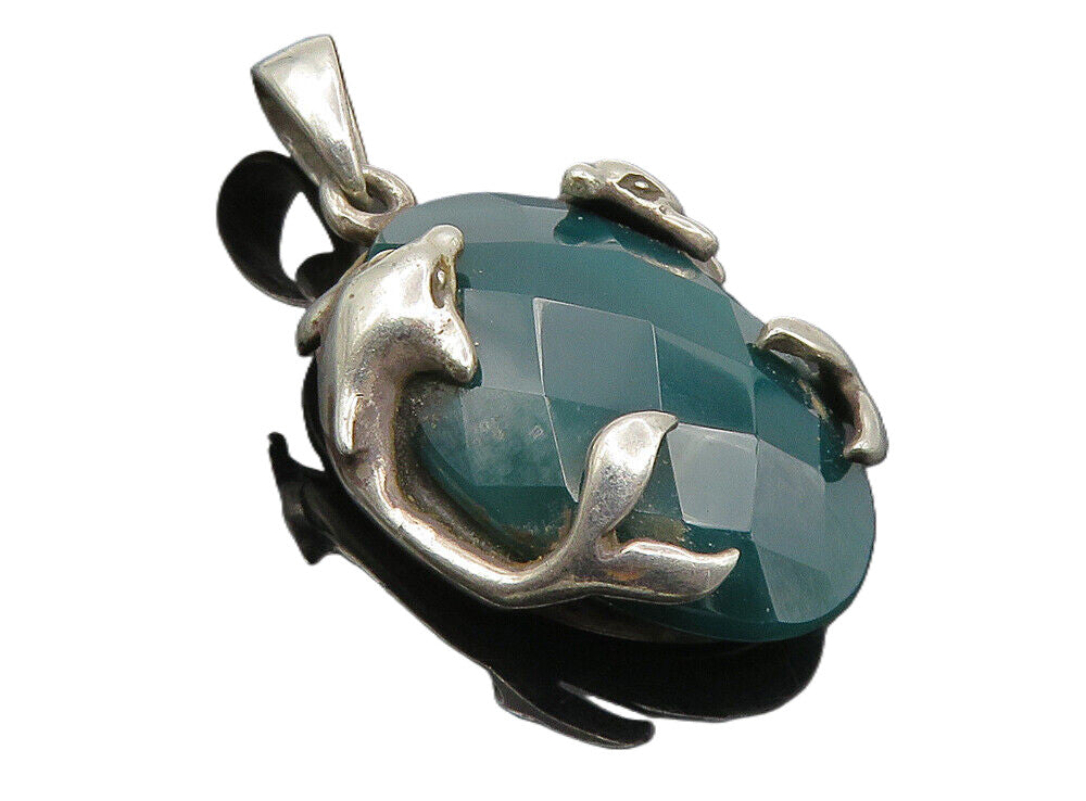 925 Sterling Silver  Vintage Faceted Green Agate Dolphins Drop Pendant  PT6598