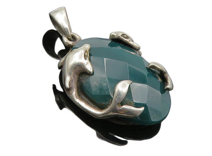 925 Sterling Silver  Vintage Faceted Green Agate Dolphins Drop Pendant  PT6598