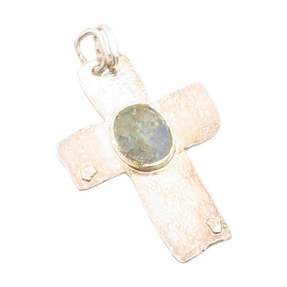 925 Sterling Silver Vintage Pendant ISRAEL Roman Glass Religious Cross  PT25903