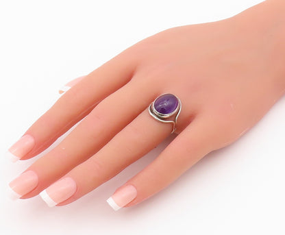 925 Sterling Silver Vintage Ring Large Cabochon Oval Amethyst  Sz 6  RG33089