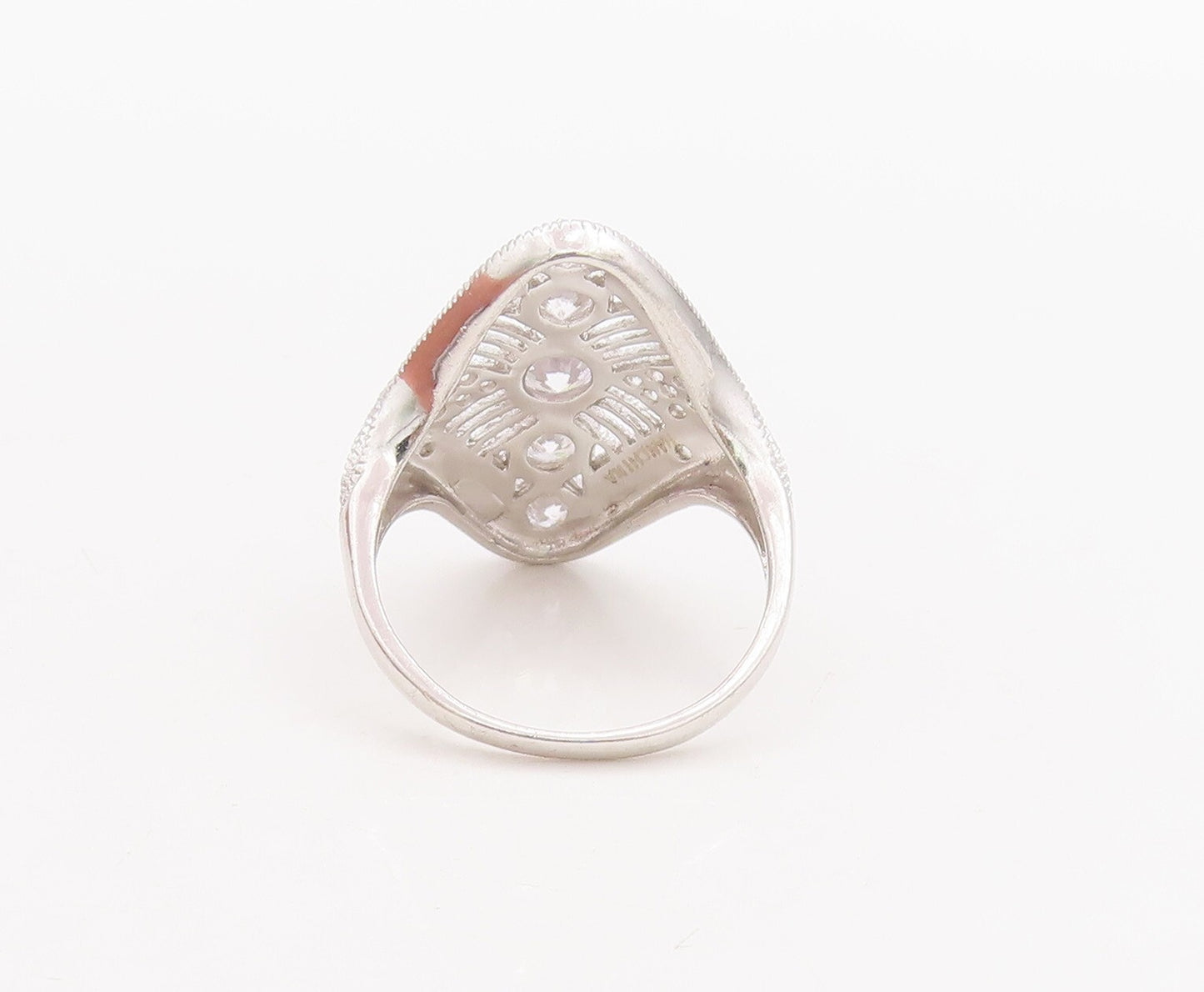 925 Sterling Silver Vintage Ring Cutout Victorian Design Inlay CZ  Sz 9 RG28732