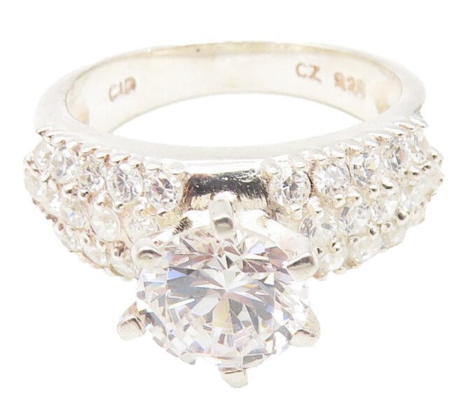 925 Sterling Silver  Cubic Zirconia Solitaire With Accents Ring Sz 6  RG10868