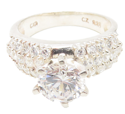 925 Sterling Silver  Cubic Zirconia Solitaire With Accents Ring Sz 6  RG10868