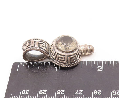925 Sterling Silver Vintage Pendant Oval Cut Smokey Quartz Maze Carved  PT23401