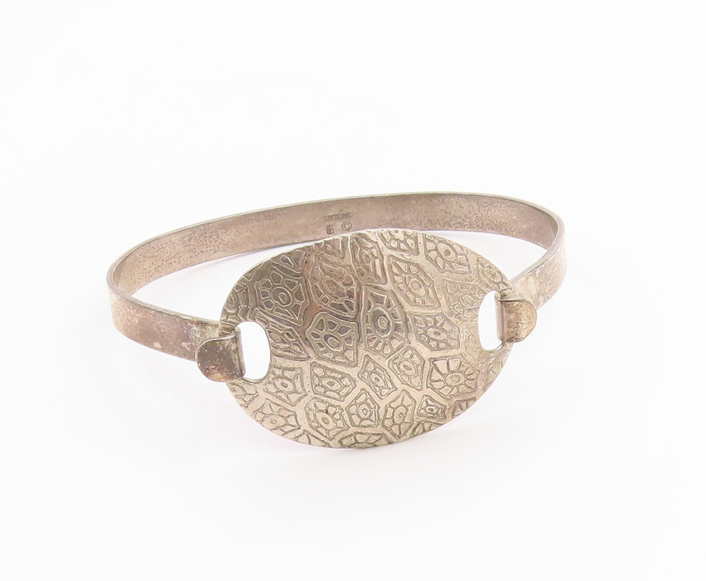 DESIGNER 925 Silver  Vintage Etched Pattern Shiny Hook Bangle Bracelet  BT8633
