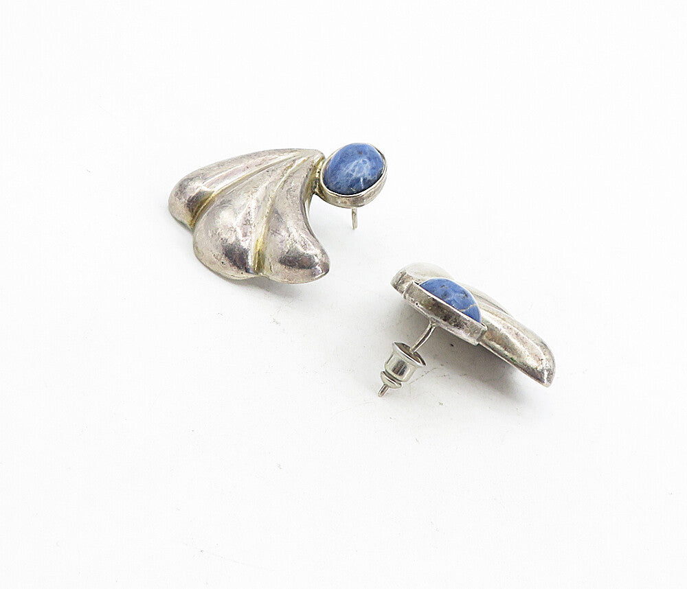 925 Sterling Silver   Vintage Cabochon Sodalite Fluted Drop Earrings  EG4385