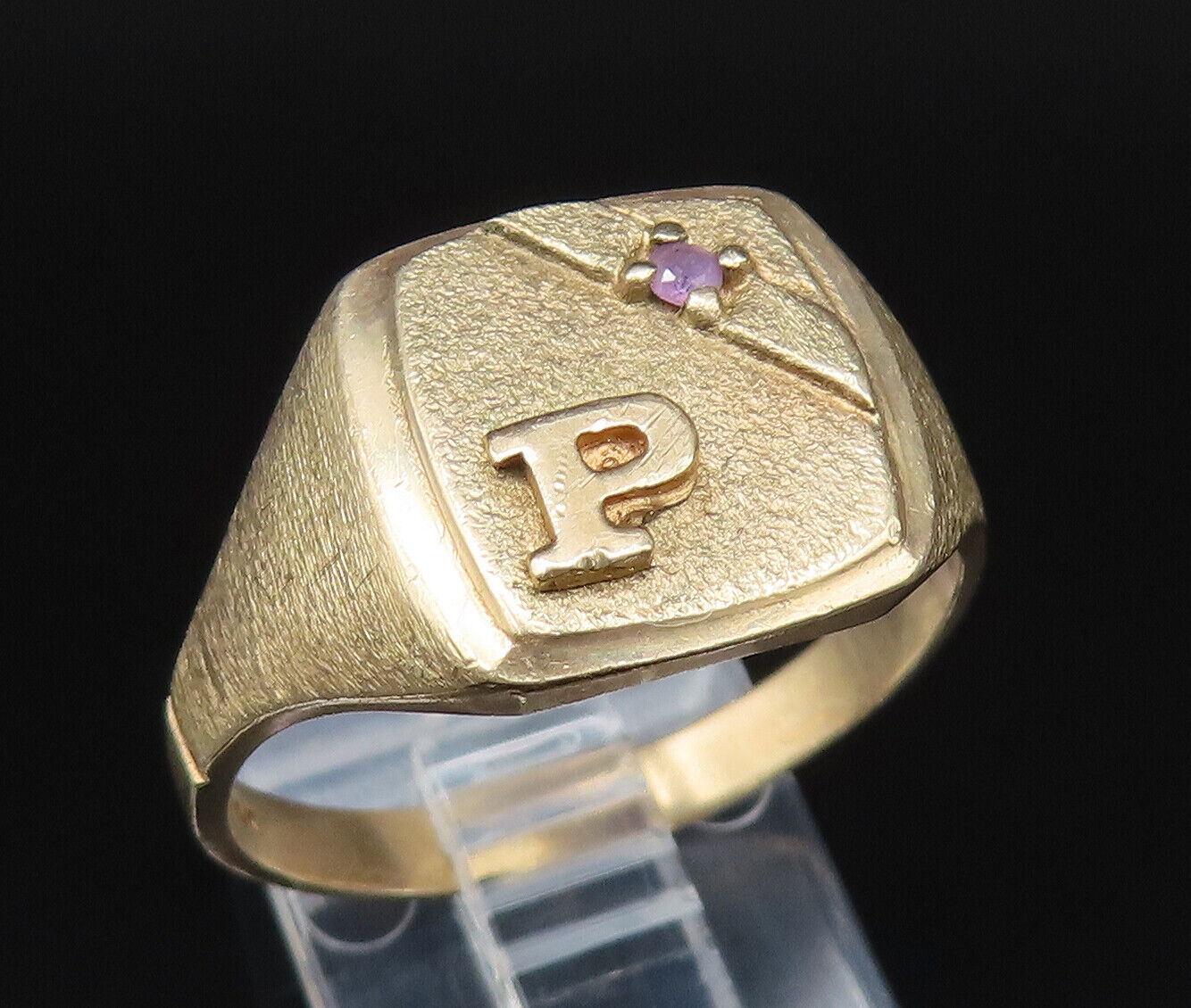 10K GOLD  Vintage Initial P Kunzite Accented Brushed Signet Ring Sz 10.5 GR449