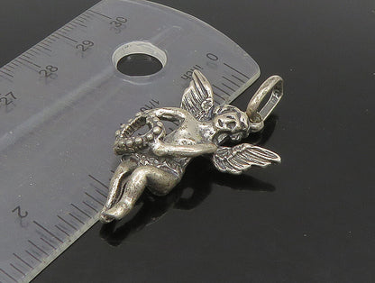 925 Sterling Silver  Vintage Dark Tone Cupid Angel Love Heart Pendant  PT19586