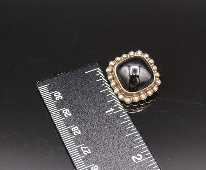 MEXICO 925 Silver  Vintage Beaded Edge Black Onyx Clip Back Earrings  EG12296