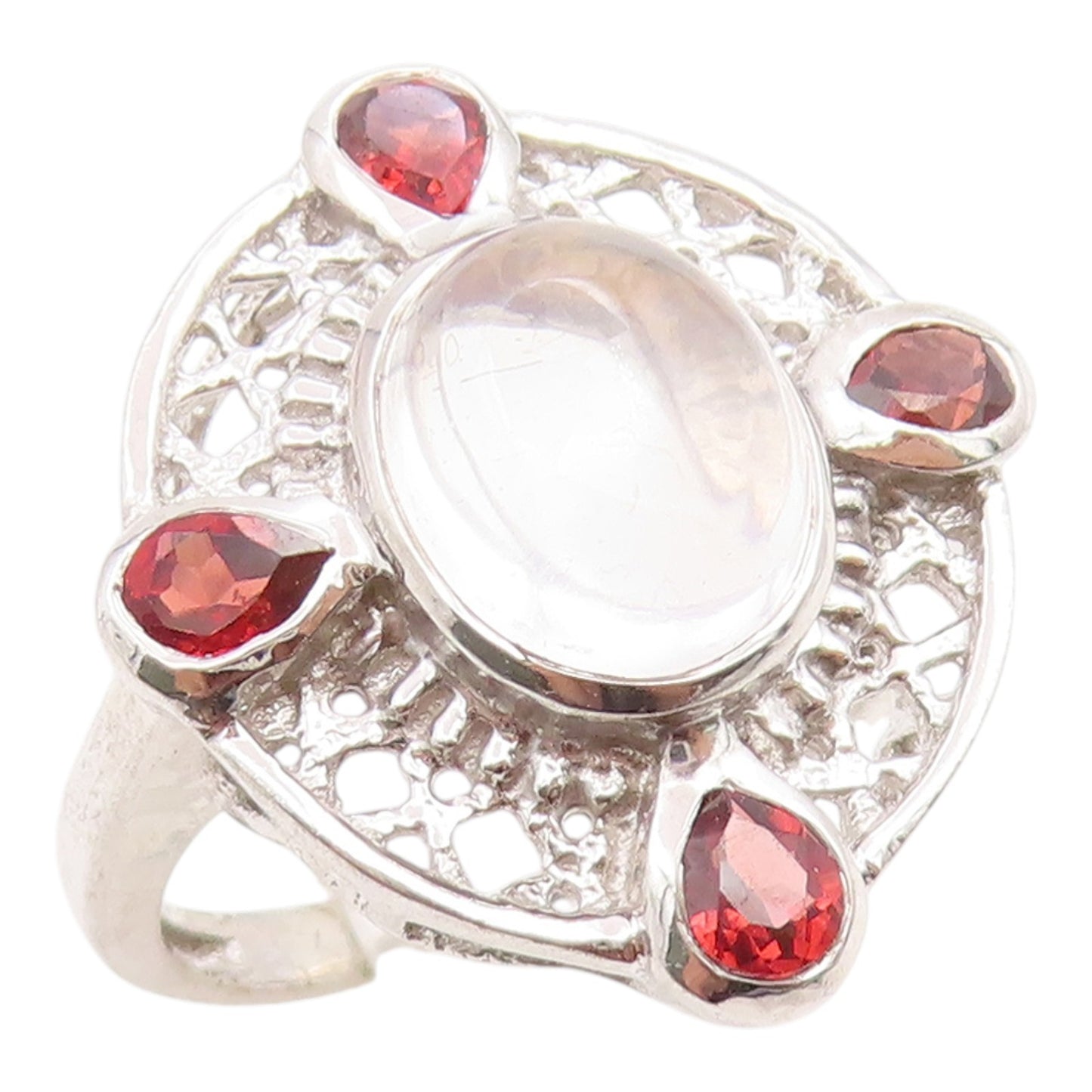 925 Sterling Silver Vintage Ring Cabochon Moonstone & Garnet Band  Sz 7  RG36141