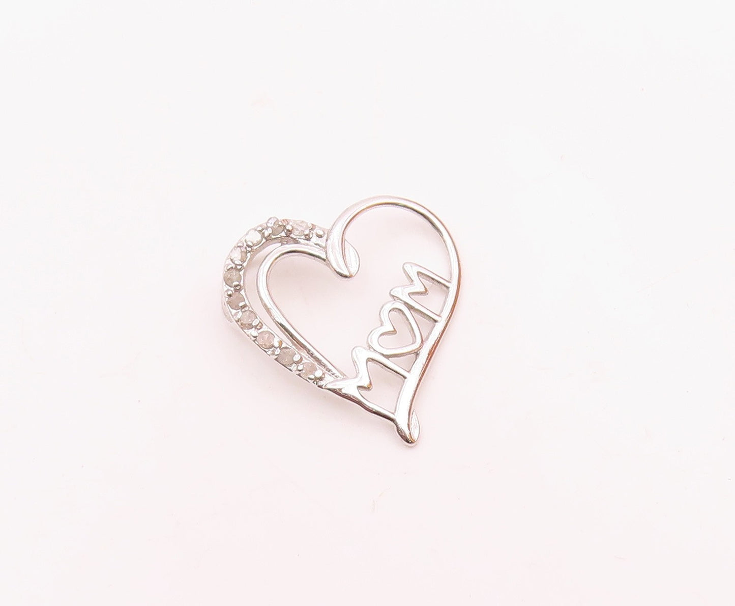925 Sterling Silver  Vintage Genuine Diamonds Mom Love Heart Pendant  PT17760