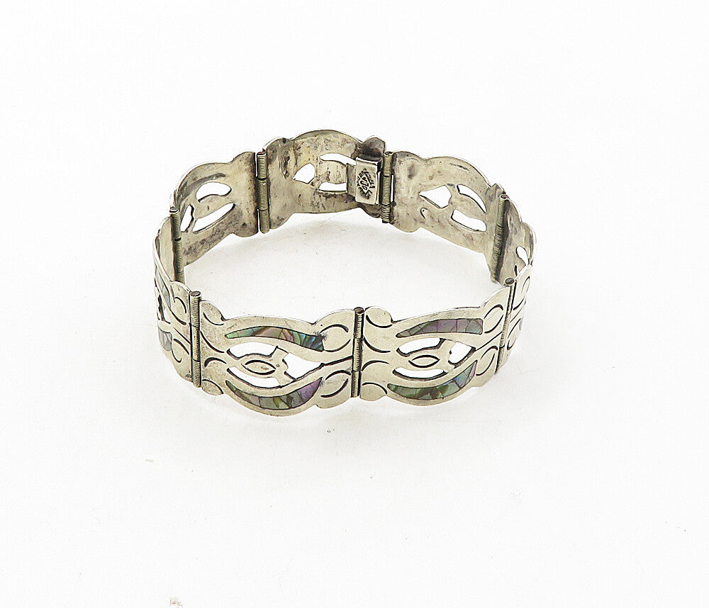 MEXICO 925 Sterling Silver  Vintage Inlaid Abalone Shell Chain Bracelet BT4078