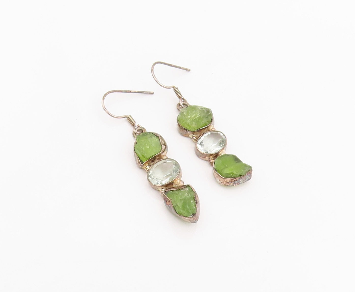 925 Sterling Silver Vintage Earrings Modernist Peridot & Topaz Dangle  EG14074
