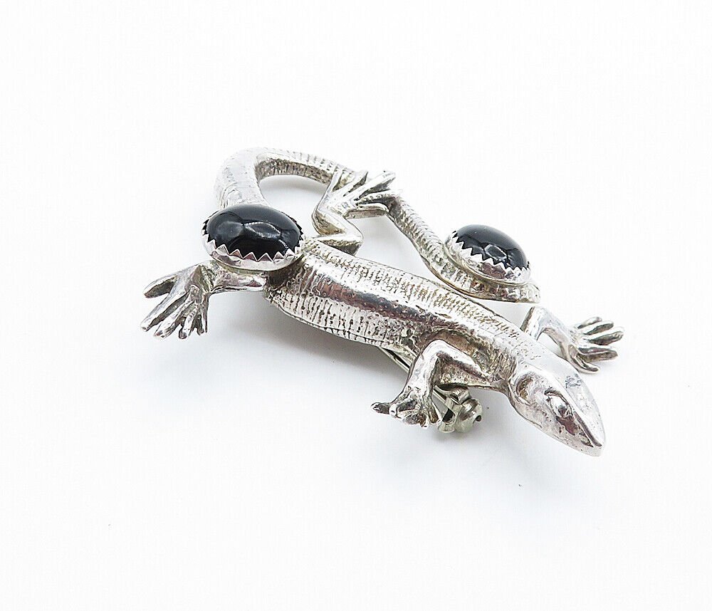 SOUTHWESTERN 925 Sterling Silver  Vintage Black Onyx Lizard Brooch Pin  BP2811