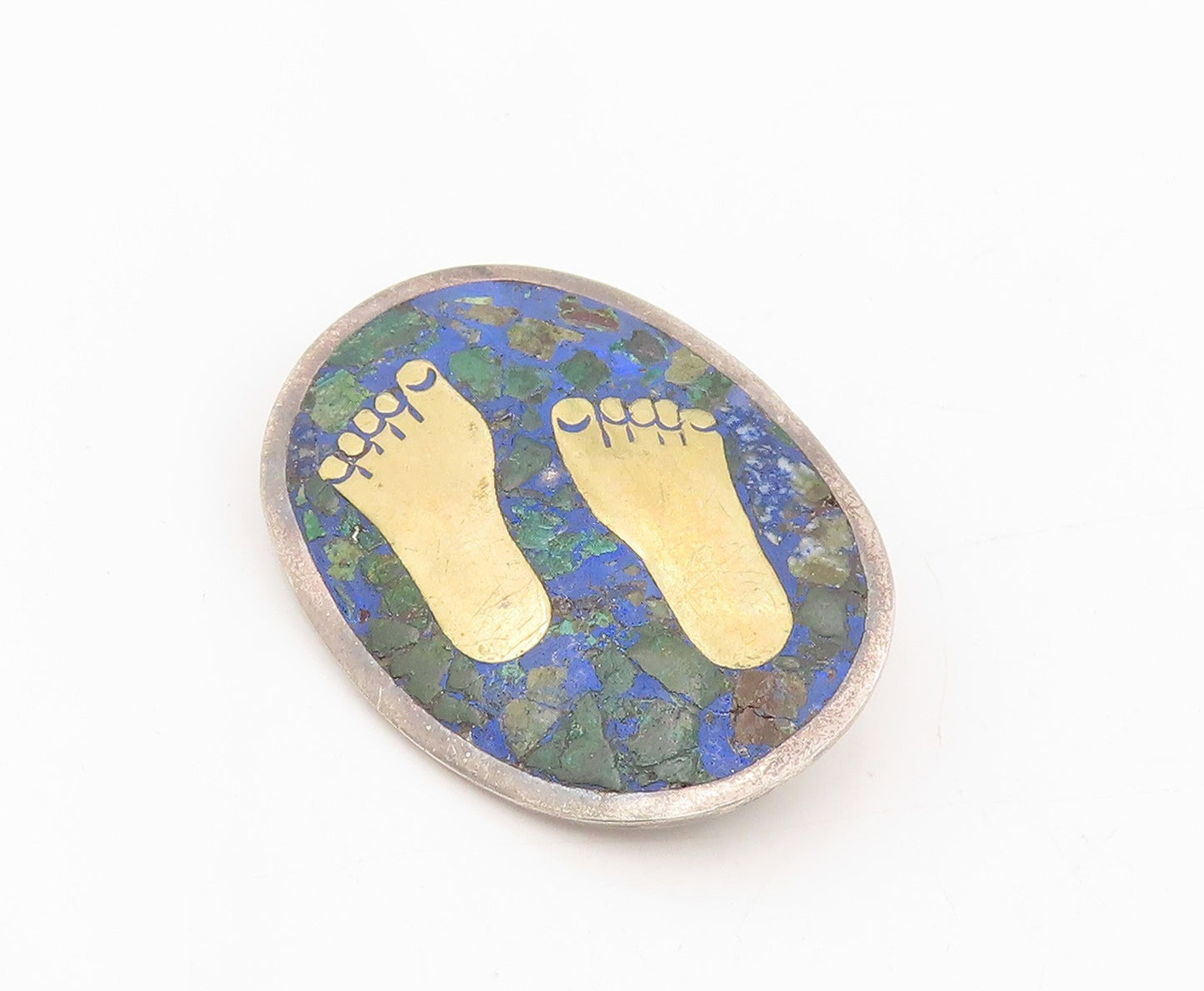 925 Sterling Silver Vintage Brooch MEXICO Malachite Inlay Foot Print  BP12014