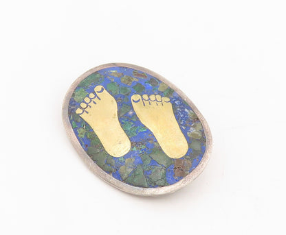 925 Sterling Silver Vintage Brooch MEXICO Malachite Inlay Foot Print  BP12014