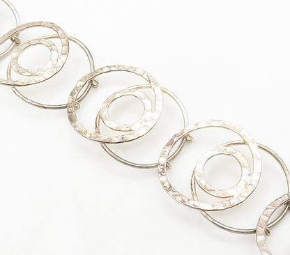 925 Sterling Silver  Vintage Hammered Open Circle Chain Bracelet  BT6116