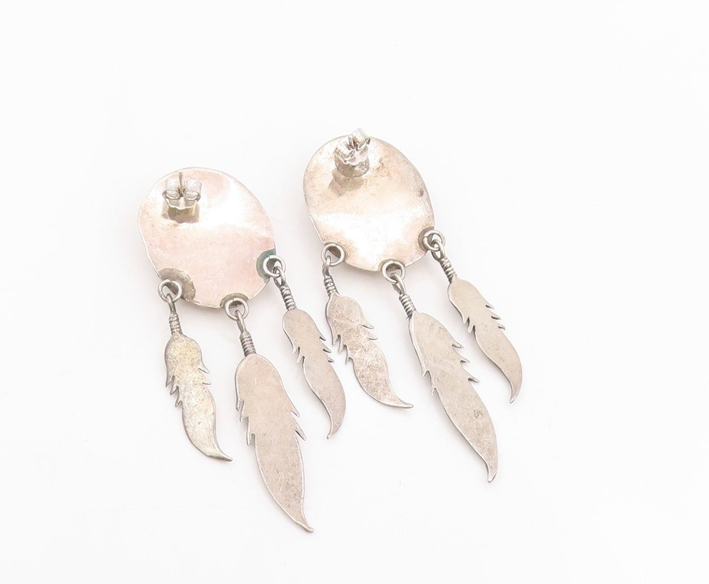 925 Sterling Silver Vintage Earrings NAVAJO Turquoise Concho Feathers  EG13990