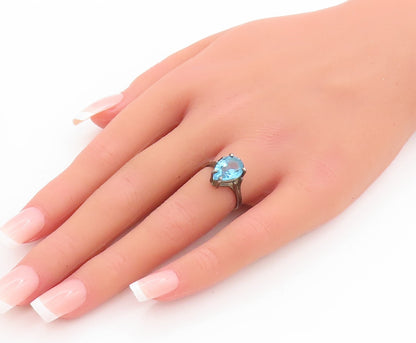 925 Sterling Silver Vintage Ring Cutout Neck Drop Cut Blue CZ  Sz 5  RG28731
