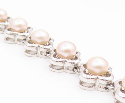 925 Sterling Silver Vintage Necklace Round Pearl Elegant Floral Chain  NE4810