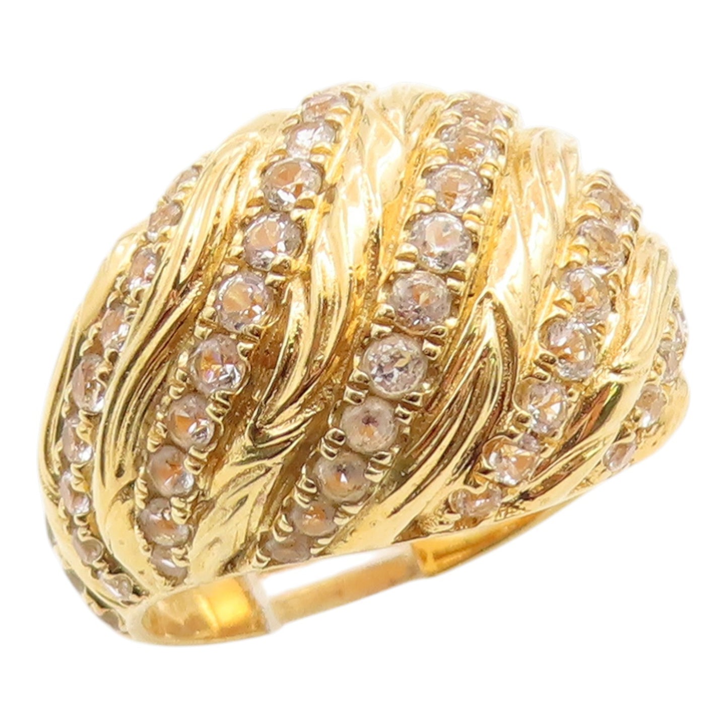 925 Sterling Silver Vintage Ring Gold Plated CZ Ribbed Dome Band  Sz 8  RG35916