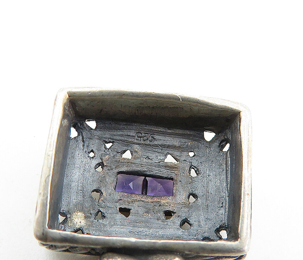 925 Sterling Silver  Vintage Amethyst Swirl Patterned Square Pendant  PT3288
