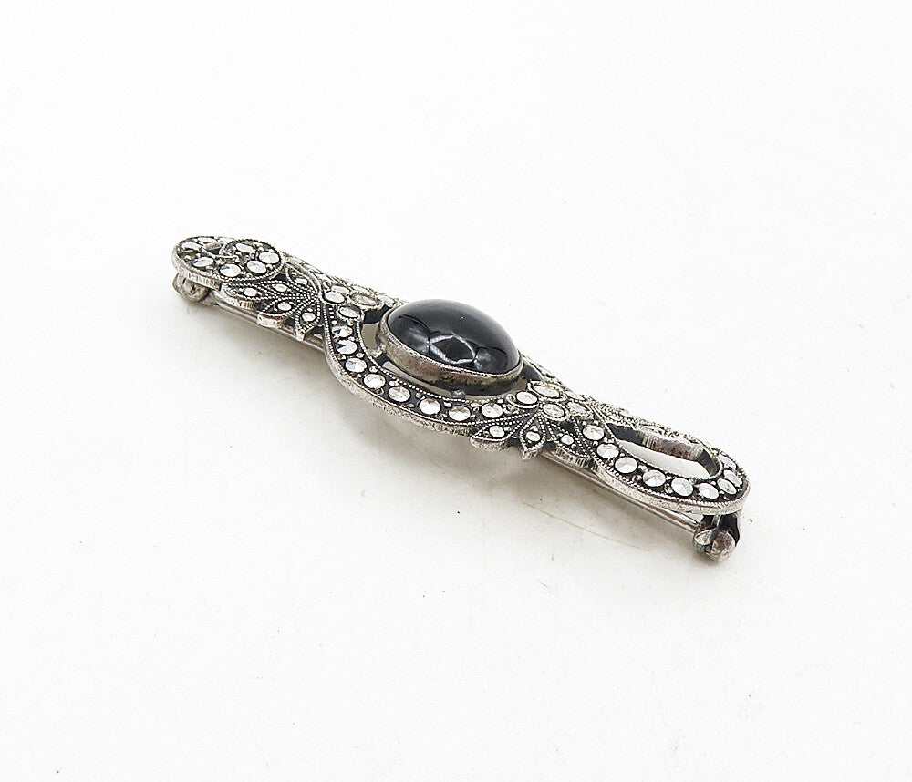 925 Sterling Silver  Vintage Cabochon Cut Black Onyx Shiny Brooch Pin  BP3434