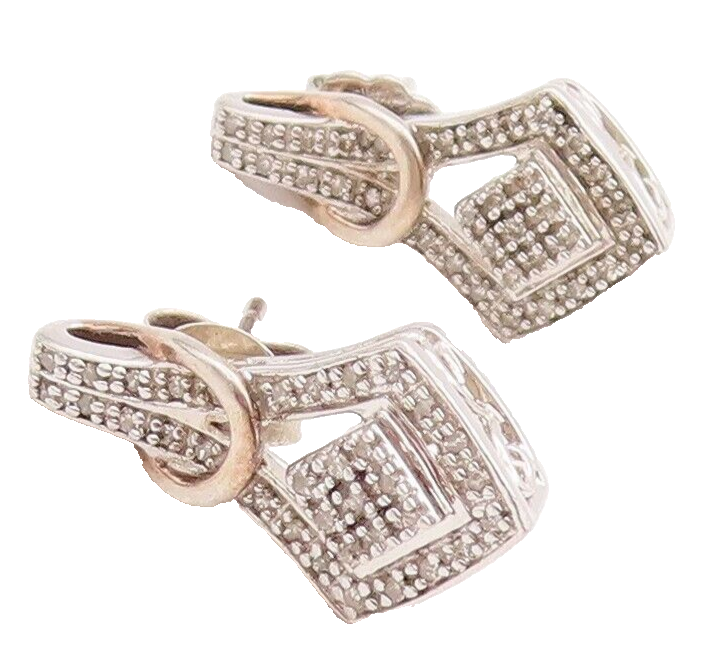 925 Sterling Silver Vintage Earrings Solid Design Cutout Diamonds Inlay  EG13059