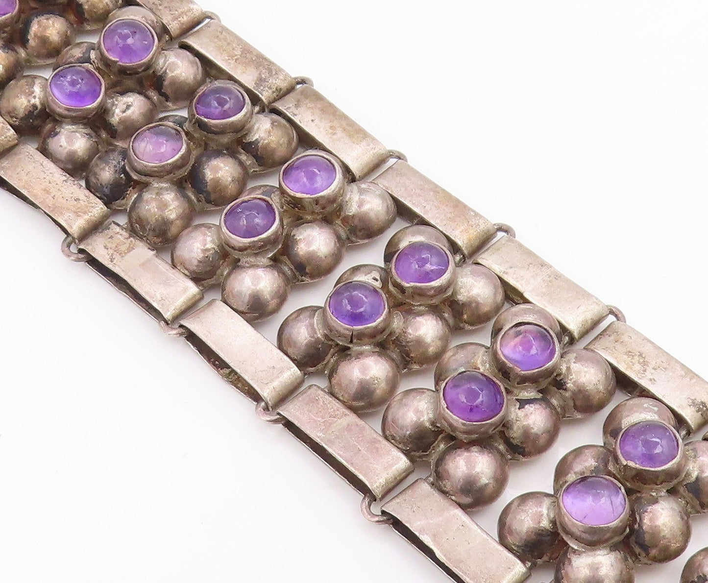 925 Sterling Silver Vintage Bracelet TAXCO Cabochon Amethyst Bead Link  BT12077