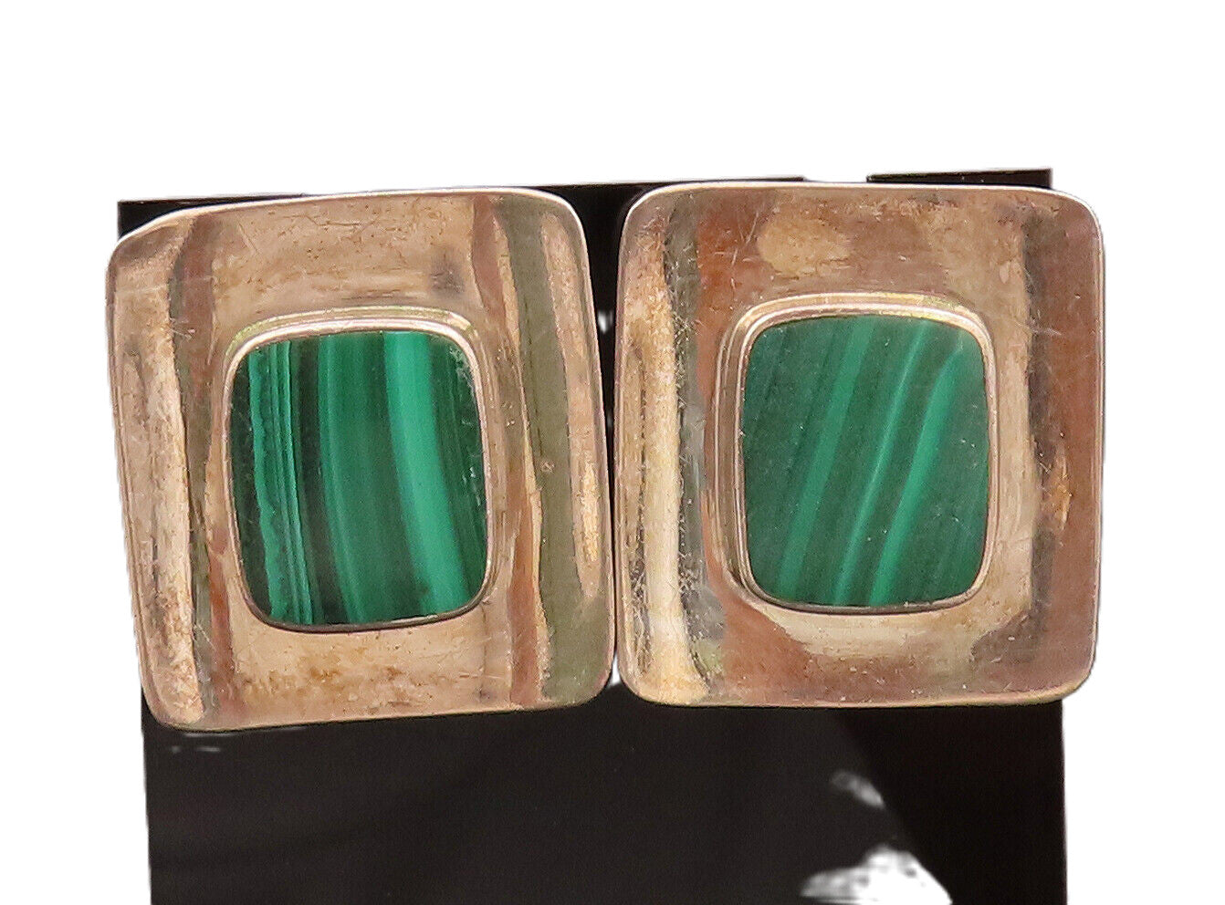 BOMA 925 Silver  Vintage Square Malachite On Curved Plate Earrings  EG12482