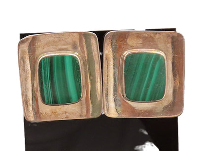 BOMA 925 Silver  Vintage Square Malachite On Curved Plate Earrings  EG12482