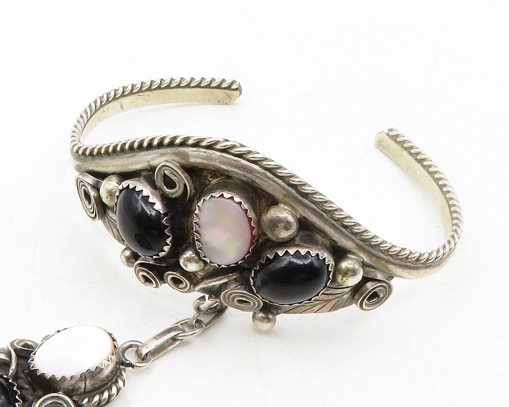 BLACK FOX NAVAJO 925 Silver  Vintage Black Onyx Floral Ring & Bracelet  TR1956