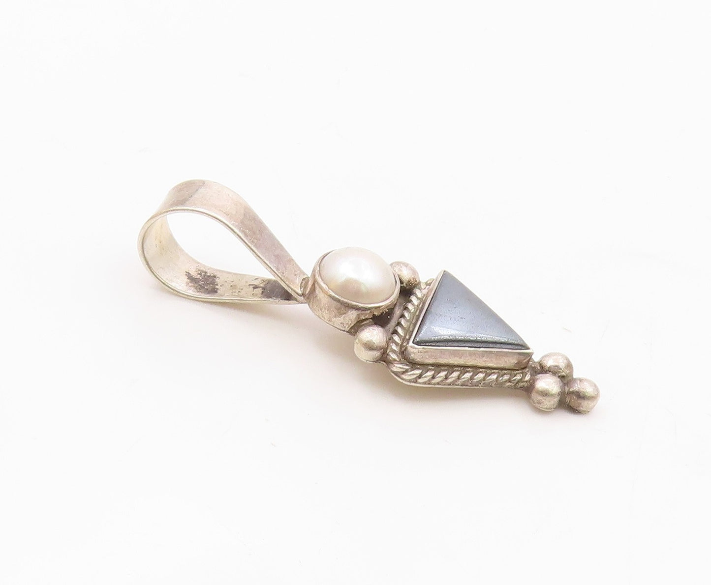 925 Sterling Silver  Vintage Pearl & Hematite Bubble Twist Pendant  PT13417