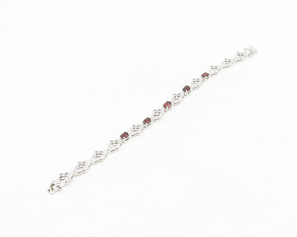 925 Sterling Silver  Genuine Diamond & Garnet Floral Chain Bracelet  BT7270