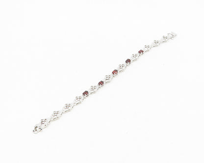 925 Sterling Silver  Genuine Diamond & Garnet Floral Chain Bracelet  BT7270