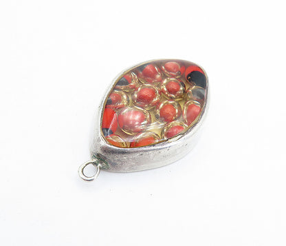 925 Sterling Silver  Vintage Enamel Glass Art Pointed Oval Pendant  PT4661