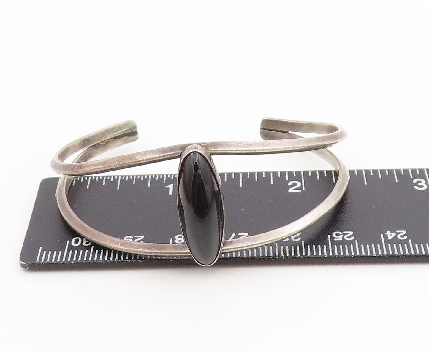 925 Sterling Silver Vintage Bracelet Oval Black Onyx Split Shank Cuff  BT11992
