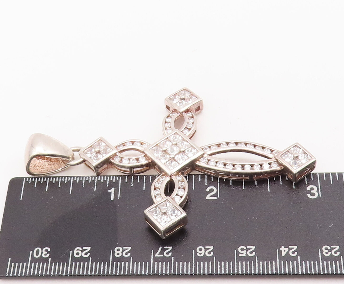 925 Sterling Silver Vintage Pendant Religious Cutout CZ Inlay Cross  PT23109