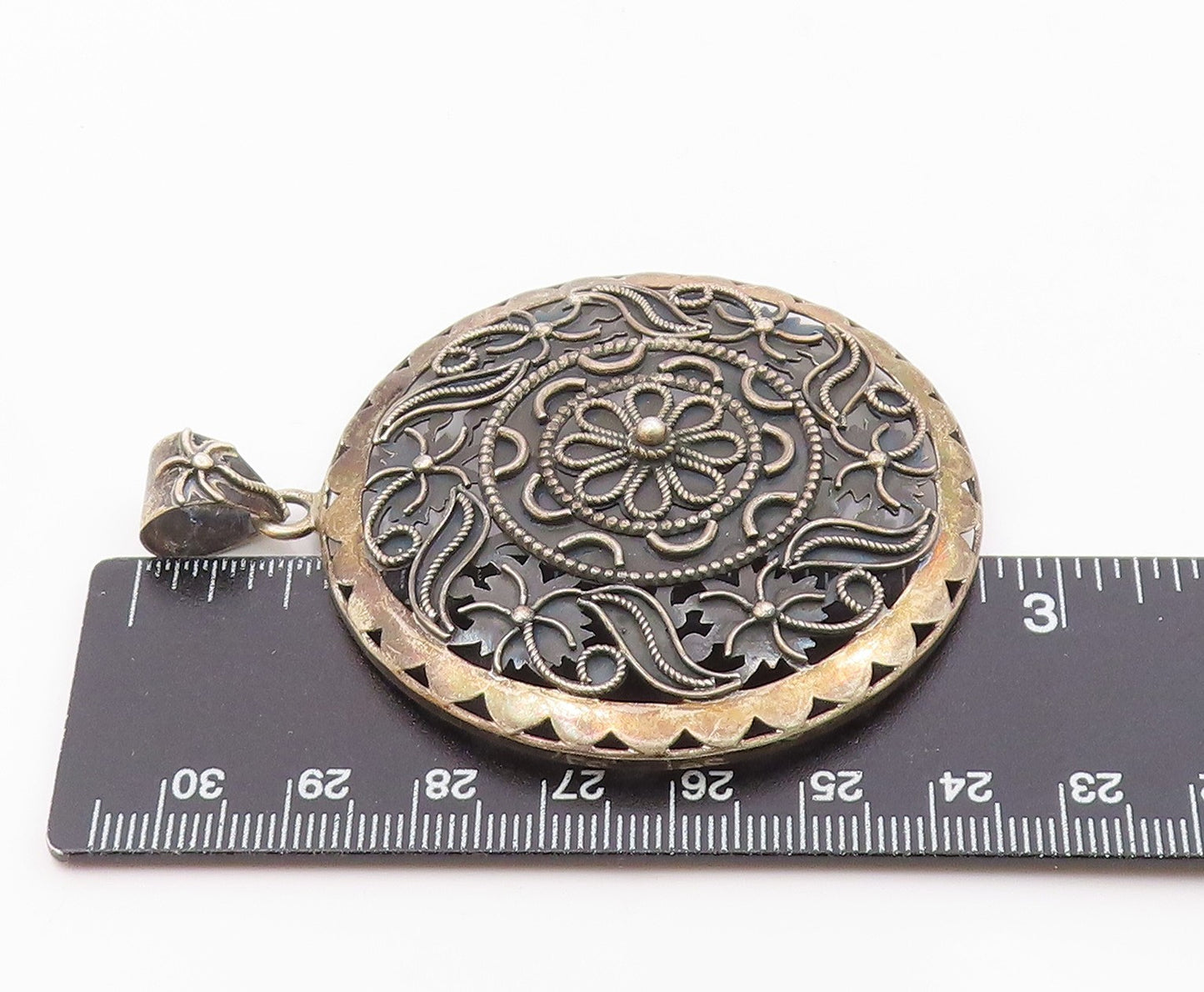 DOUG PAULUS 925 Silver  Vintage Two Tone Floral Beaded Scroll Pendant  PT20119